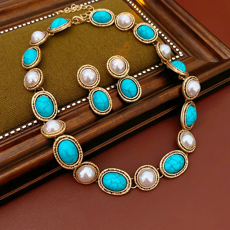 2Pcs Vintage Oval Imitation Pearl Jewelry Set
