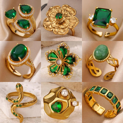 Stainless Steel Green Zircon Rings