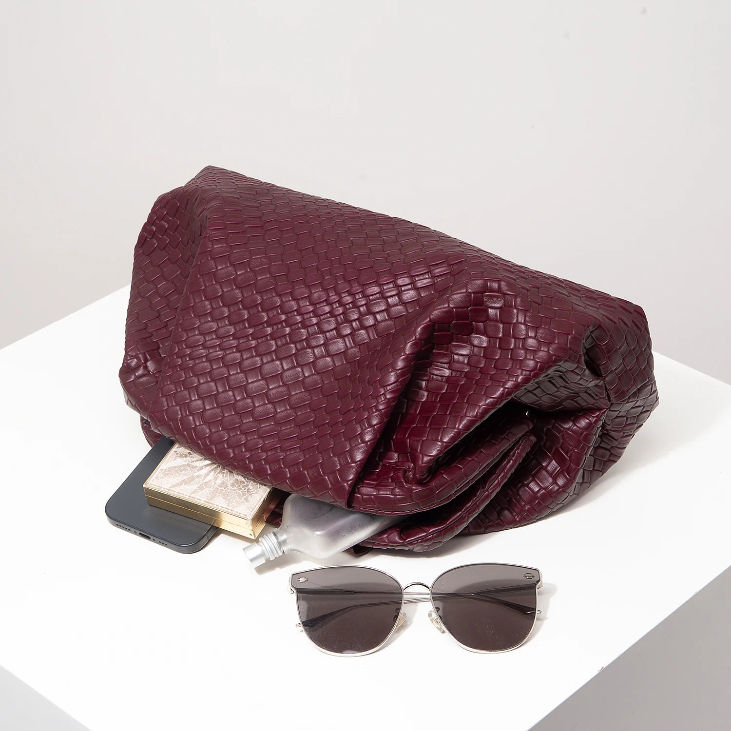 Woven Pattern Burgundy Clutch Bag