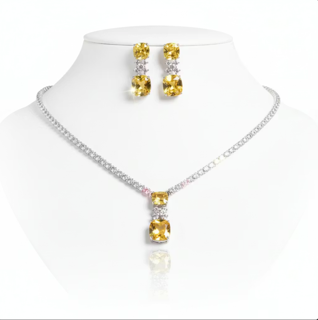 2Pcs Cubic Zirconia Jewellery Set - Yellow and Pink