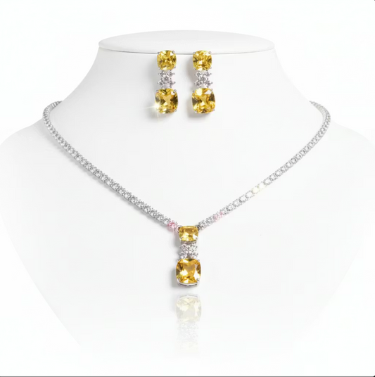 2Pcs Cubic Zirconia Jewellery Set - Yellow and Pink