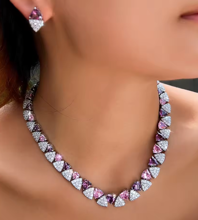 2Pcs Cubic Zirconia Triangular Jewellery Set - Pink, White and Purple