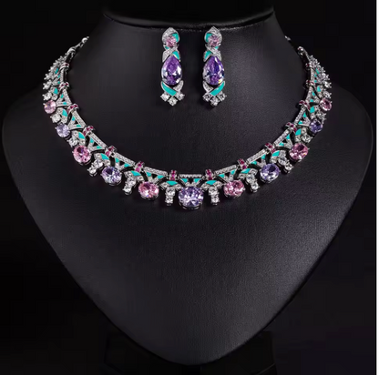 2Pcs Cubic Zirconia Platinum Plated Jewellery Set - Multicoloured