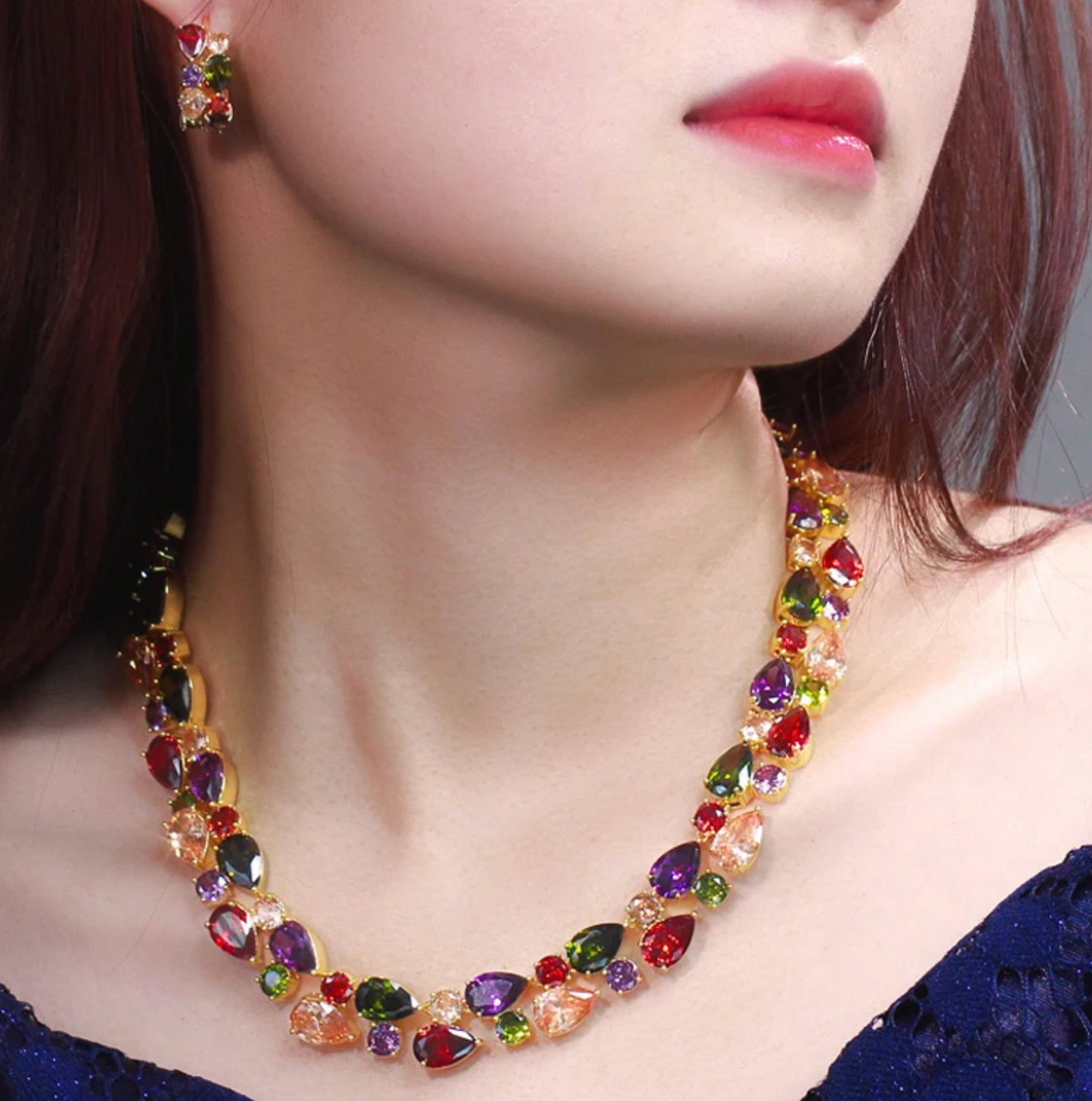 2Pcs Drop Shaped Cubic Zirconia Jewellery Set - Multicoloured