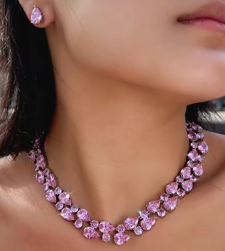 2Pcs Brilliant Pink Drop Cubic Zirconia Jewellery Set