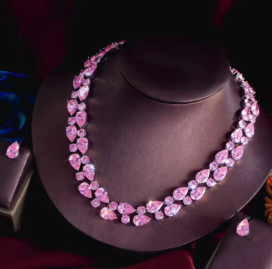 2Pcs Brilliant Pink Drop Cubic Zirconia Jewellery Set