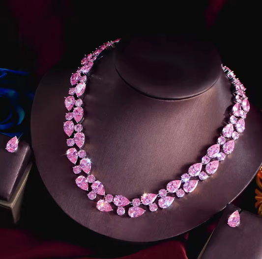 2Pcs Brilliant Pink Drop Cubic Zirconia Jewellery Set