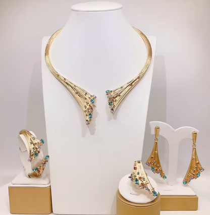 4Pcs Plated Gold/Silver Blue Stone Wedding Jewellery Set