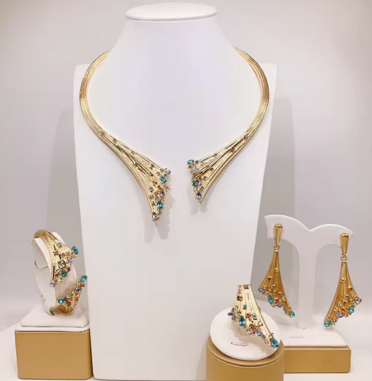 4Pcs Plated Gold/Silver Blue Stone Wedding Jewellery Set