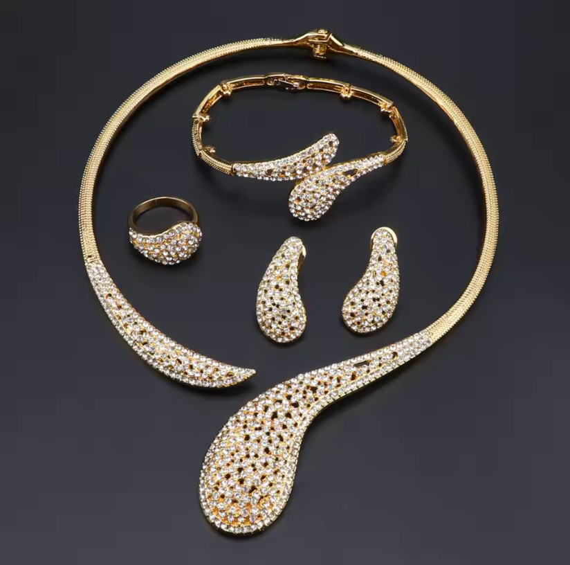4Pcs Plated Gold/Silver Water Drop Design Wedding Jewellery Set