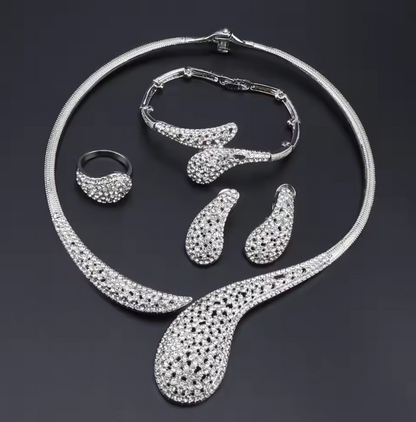 4Pcs Plated Gold/Silver Water Drop Design Wedding Jewellery Set
