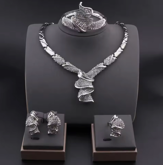 4Pcs Plated Silver Geometric Design Wedding Jewellery Set
