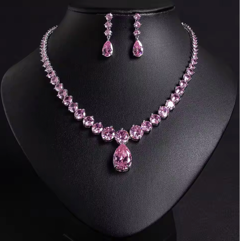 2Pcs Pink Cubic Zirconia Water-drop Jewellery Set