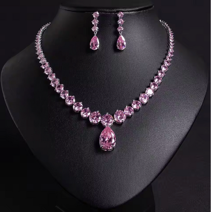 2Pcs Pink Cubic Zirconia Water-drop Jewellery Set
