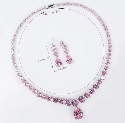 2Pcs Pink Cubic Zirconia Water-drop Jewellery Set