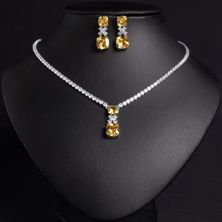2Pcs Cubic Zirconia Jewellery Set - Yellow and Pink