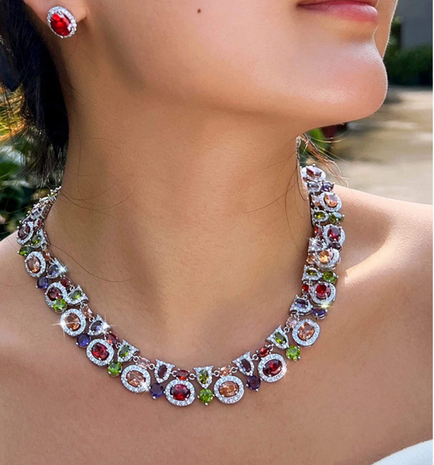 2Pcs Oval Shaped Cubic Zirconia Silver Plated Jewellery Set - Multicoloured