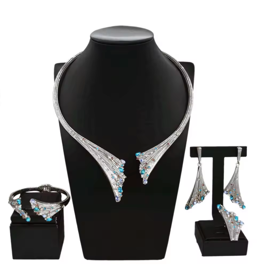 4Pcs Plated Gold/Silver Blue Stone Wedding Jewellery Set