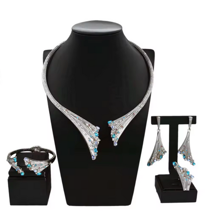 4Pcs Plated Gold/Silver Blue Stone Wedding Jewellery Set
