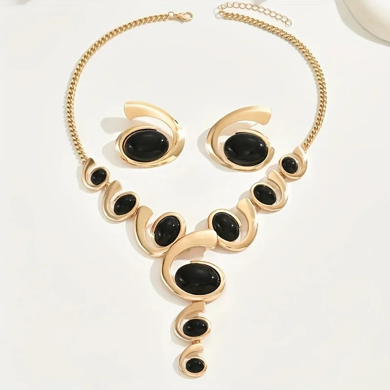 2Pcs Black and Gold Elegant Jewelry Set