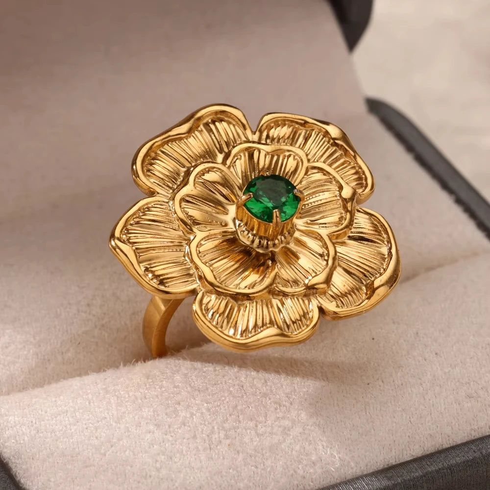Stainless Steel Green Zircon Rings