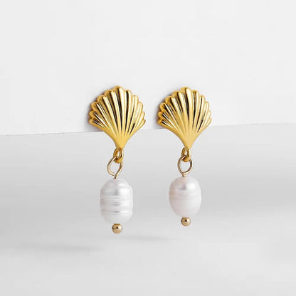 Stainless Steel Gold Plated Beach Shell Earrings 