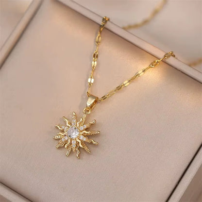 Gold Zircon Flower Pendant Necklace
