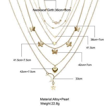 6PCS Necklace Set, Simple Temperament with Lovely Butterflies, Star Moon Charms