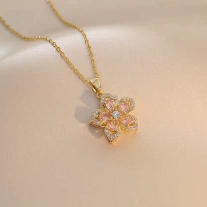 Gold Zircon Flower Pendant Necklace