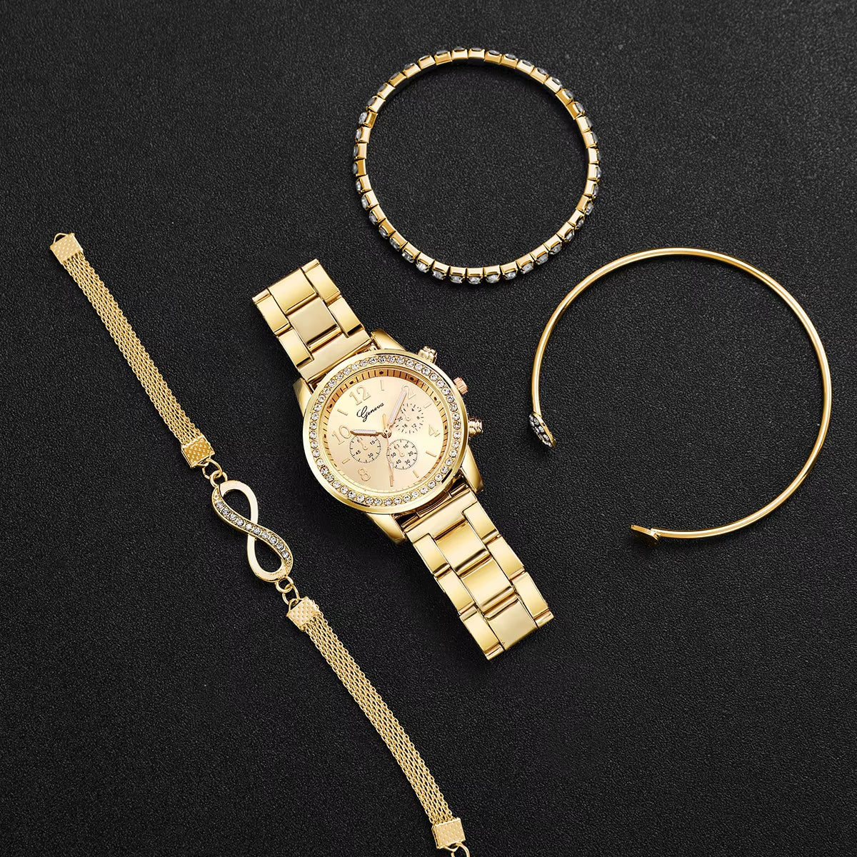4Pcs/Set Quartz Watch and Bracelets with Rhinestones