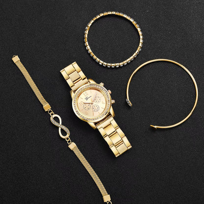 4Pcs/Set Quartz Watch and Bracelets with Rhinestones